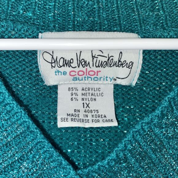 Vintage 90s Diane Von Furstenberg Sz 1X Sweater Green Sparkle Oversized Metallic - Picture 5 of 9